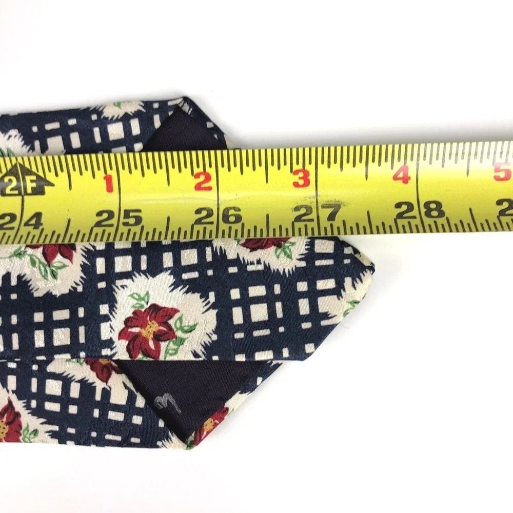 GAP Men's 100% Silk Beige Dark Blue Red Floral Flower Plaid Short Necktie